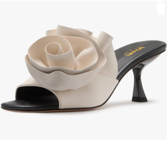 XYD Black White Floral Appliqué Open Toe Mules Ruffled Mid Heel Sandals Summer - Picture 1 of 8